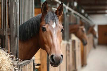 Fototapeta premium Horses in a Stable Interior View