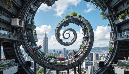 Obraz premium Futuristic spiral architecture with city skyline and greenery 