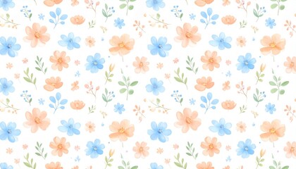 Pastel Watercolor Floral Seamless Pattern Delicate Blue and Peach Blossoms