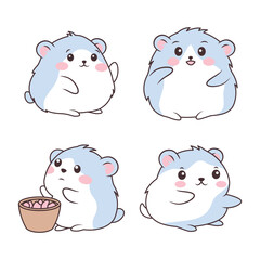 Set of Blue Funny Little Hamster Mice Mouse Animal Cartoon Character with Food in Bowl