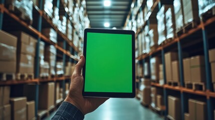 Hand holding tablet in warehouse