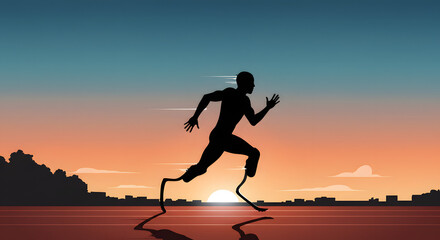 Silhouette of amputee runner sprinting at sunset.  The athlete's prosthetic legs are clearly visible.  