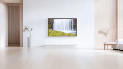 Modern minimalist interior with waterfall artwork