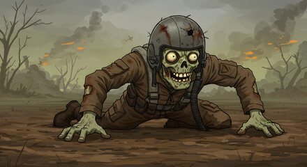 Digital illustration of a crawling zombie pilot in a damaged flight helmet, amidst a war-torn landscape featuring smoke, fire, and barren trees. 