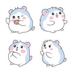 Set of Blue Funny Little Hamster Mice Mouse Animal Cartoon Character Eating Biscuit