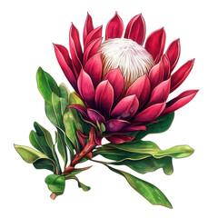 a vibrant illustration of a protea flower. showcasing its striking red petals and white center. surrounded by lush green leaves this artwork highlights the beauty of nature and can serve as a decorati