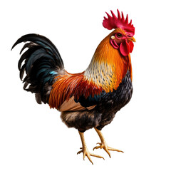 Fototapeta premium Vibrant rooster standing proudly with colorful plumage on a transparent background, Rooster isolated on a transparent background