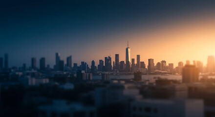 Fototapeta premium Cityscape at Sunset with Golden Light and Dark Blue Sky