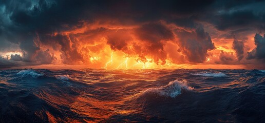 Fototapeta premium Ocean storm with lightning and fiery sky