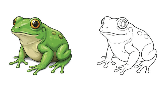 Frog Art: A vibrant illustration of a green frog alongside its outline counterpart, showcasing the artistic representation of the amphibian's form and features in a striking visual contrast.