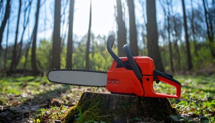 A chainsaw leans against a weathered stump.  