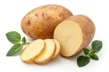Potato and slice isolated on white background 