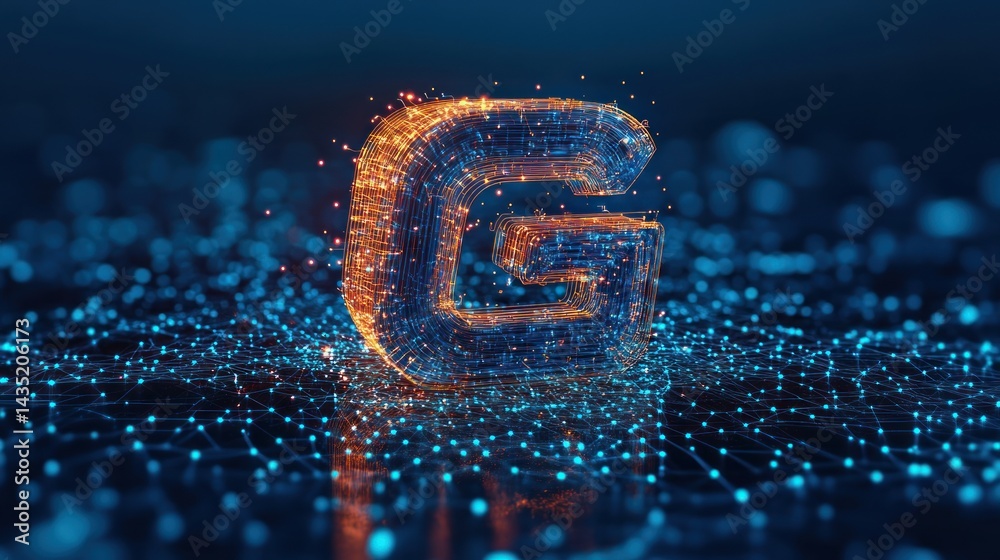Poster abstract digital letter g, composed of glowing particles and interconnected network