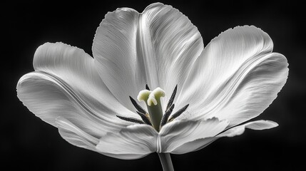 A beautifully detailed black and white photograph of a tulip in full bloom on a dark background.
