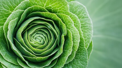 Obraz premium A close-up view of a green cabbage, showcasing its intricate, layered leaves in a spiral formation against a soft, blurred background.