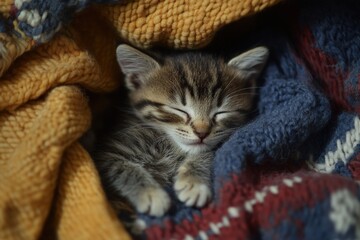 Adorable sleeping kitten cozy in knitted blankets