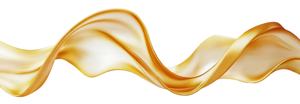 Elegant golden ribbon flowing in wave shape, isolated on transparent cutout background