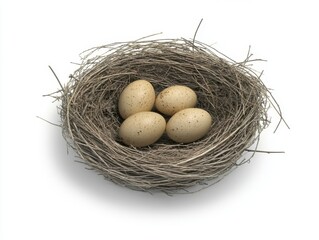 Rustic bird nest with speckled eggs symbolizing spring renewal and new beginnings set against a clean white background in a minimalist studio style