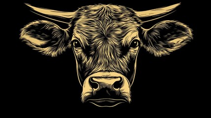 Detailed illustration of a cow's head, featuring intricate line work and a bold, graphic style.  The animal's face is front-on, with horns, ears, and a full muzzle visible.  