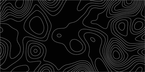 Abstract white on black background with Topographic line map pattern. abstract wavy and curved lines background. linear map. Dark seamless design. Bold tile able isolines pattern. Vector illustration.