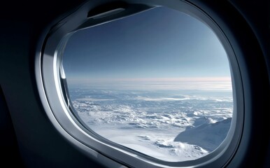 Naklejka premium Aerial View of Snowy Mountains from Airplane Window