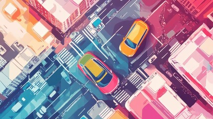 Ride-sharing app flat design top view smart mobility watercolor Complementary Color Scheme. 