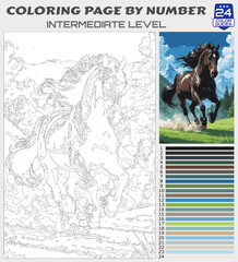 Fototapeta premium Running Horse Coloring Page by Number | Printable Intermediate Activity with Mountain Background