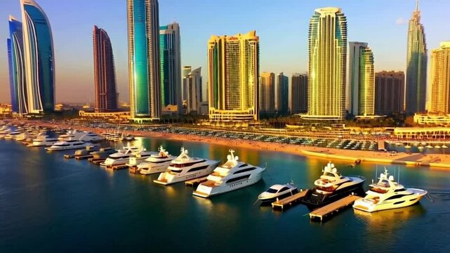 4K Aerial Footage of Dubai Marina - High-Rise Skyscrapers, Luxury Yachts, and Coastal Beauty
