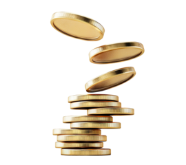 Stack of golden coins in motion, isolated on transparent cutout background