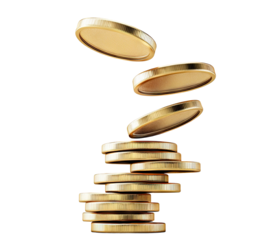 Stack of golden coins in motion, isolated on transparent cutout background