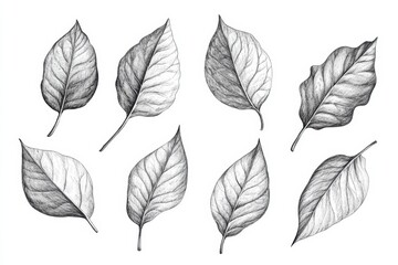 Monochrome sketch of detailed leaf varieties in black and white