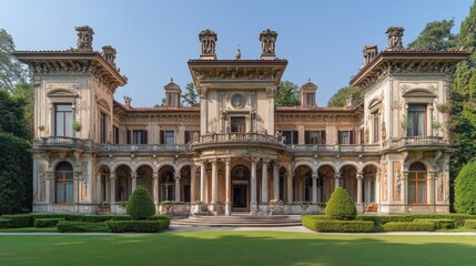 Fototapeta premium Elegant European-style mansion with manicured gardens