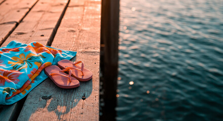 flip flops on a rustic wooden dock, featuring a tropical beach setting with vibrant turquoise water for a calming vacation scene