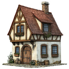 Fototapeta premium Medieval European house with charming architecture and rustic details isolated on a Transparent background, medieval house European isolated on PNG background
