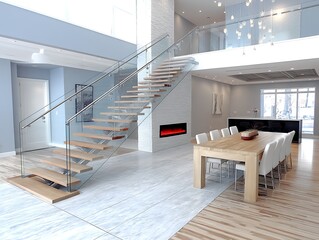 Obraz premium Modern Open-Concept Dining Room with Glass Staircase