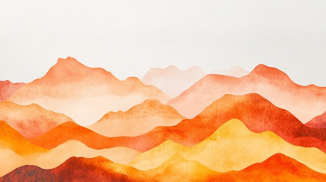 Abstract watercolor painting of orange mountains landscape scenic view red art sky hill peak warm