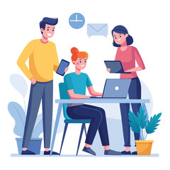 man sitting at his desk working on laptop, with woman standing near him holding phone, designed in flat style vector 
