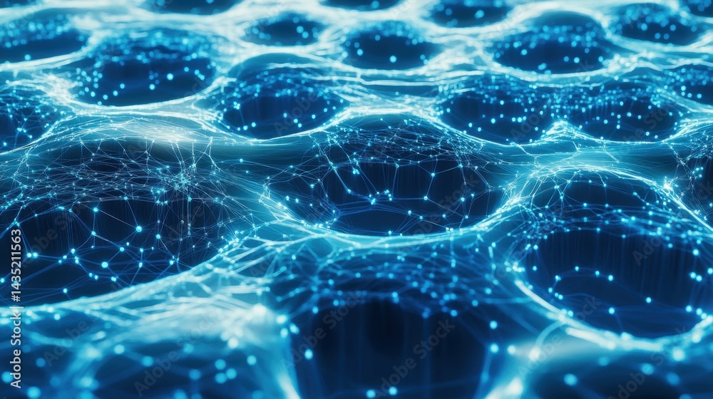 Fototapete The background is abstract with blue connections and network concept. 3D rendering shows big data flow in cyber blockchain fields with a blue network system. Stock rendering.