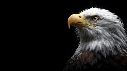 Fototapeta premium Majestic bald eagle portrait against a dark background, showcasing its fierce gaze and detailed plumage