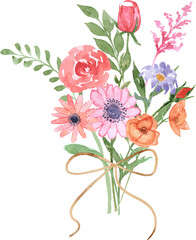 Watercolor Flower Bouquet with Rustic Ribbon. Floral  arrangement suited for postcard, invitation design.