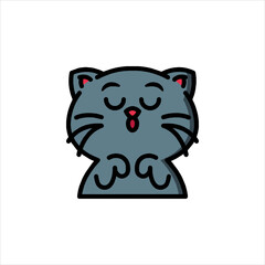 Cute gray cat singing with closed eyes and paws up in a simple, cartoon style on a white backdrop, creating a whimsical and charming image.