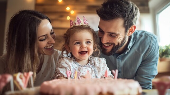 Happy family celebrates little girls first birthday cake joy fun baby love cute home real child sweet
