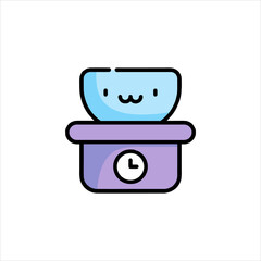 Cute bowl with smiling face sits atop a timer, representing time management and productivity in a playful and lighthearted manner.