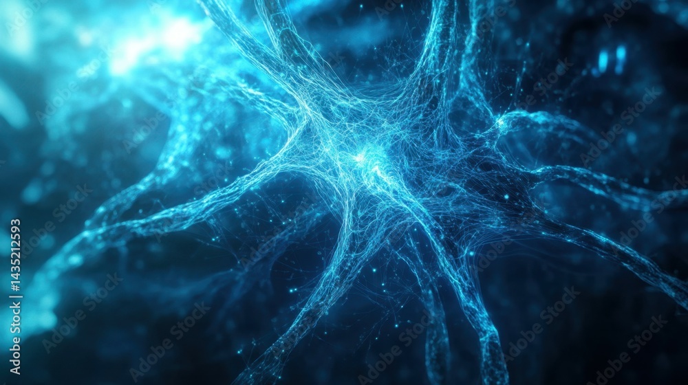 Poster the image showcases an abstract background featuring glowing blue lines and a network of interconnec