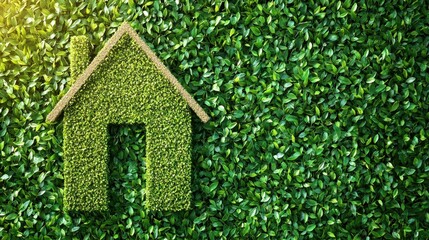 The image portrays a conceptual representation of a green home and environmentally friendly construction. It includes a house icon placed on a lush green lawn, with the sun shining overhead