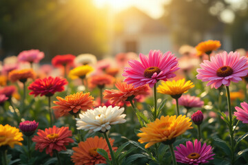 field of colorful flowers with the sun shining through them1