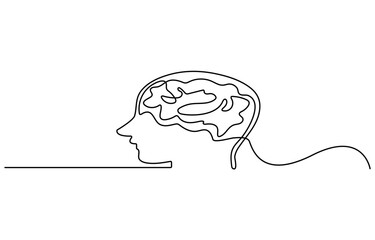 Continuous one line drawing of human Brain for psychology, idea and intelligence concept in single line draw illustration. Editable stroke. One line eyeglasses icon vector background.