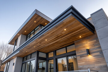 Contemporary home facade with black rain gutter contrasting natural wood cladding and soffits accented by recessed lighting