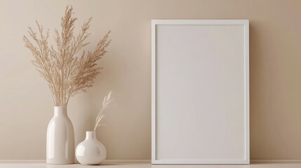 Mocha mousse design in the interior, white frame and vases and dried flowers of pastel brown mocha mousse color, light background, space for text