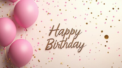 Fototapeta premium Happy birthday card with pink balloons and a golden confetti background text 